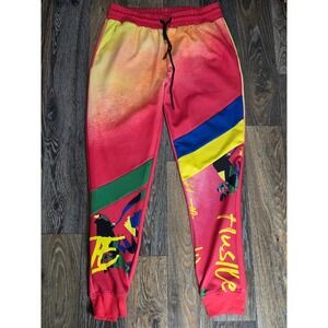 Encrypted Hustle Mens L Joggers Red Yellow Blue Graphic Streetwear Sweatpants